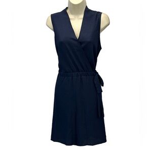 Sandra Darren Sleeveless V Neck Faux Wrap Romper - Navy Blue - size 12